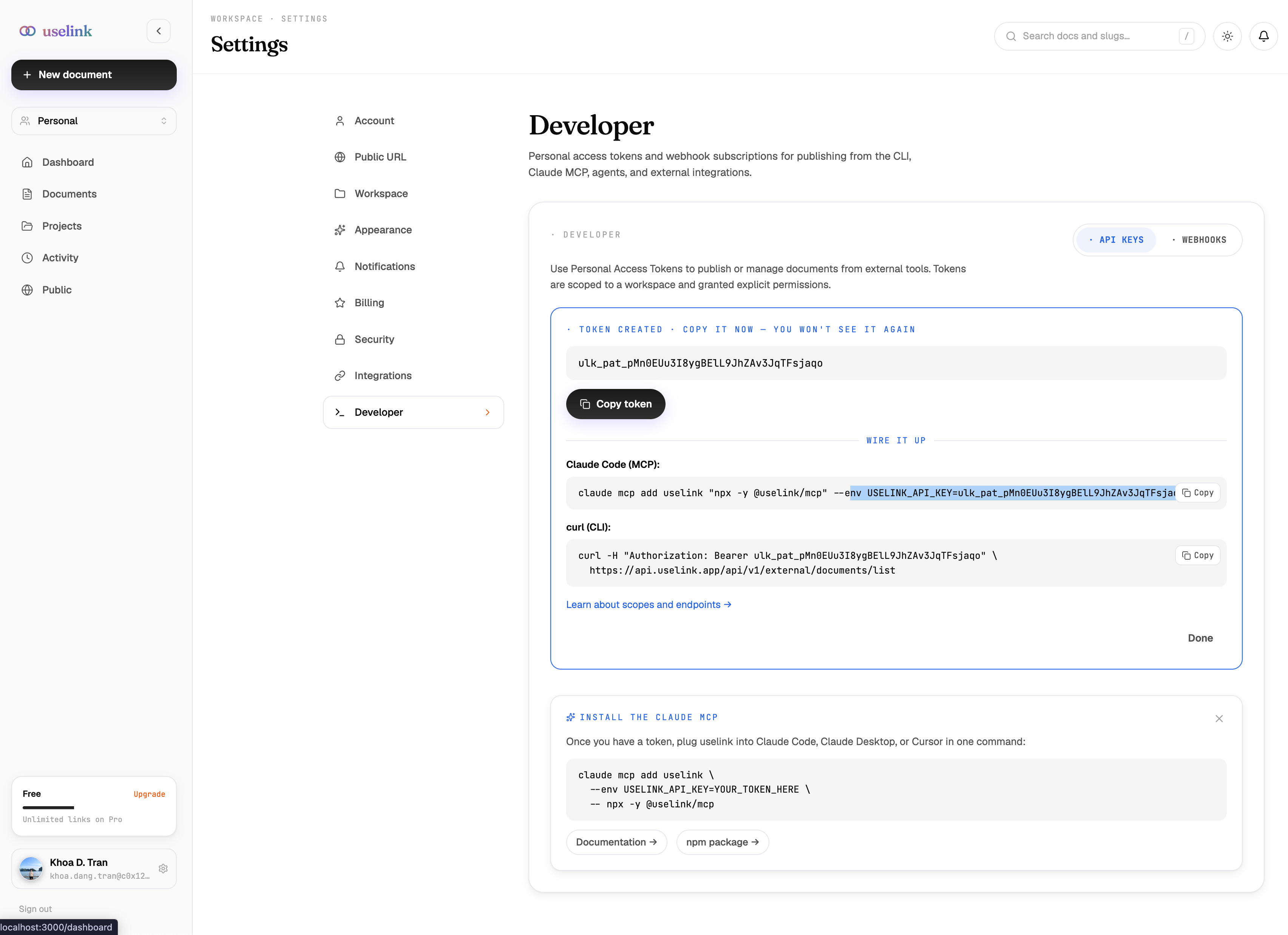 Uselink Developer settings — API key created with the Claude MCP install command ready to copy